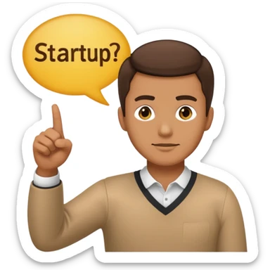 a man pointing to a speech bubble with the word 'startup', emoji style sticker