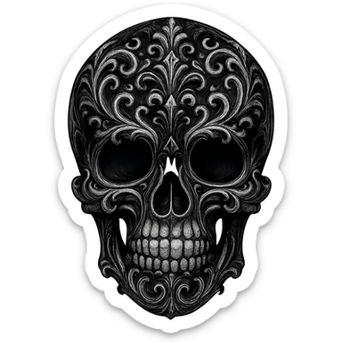gothic skull, black and silver, ornate and elegant, no background sticker