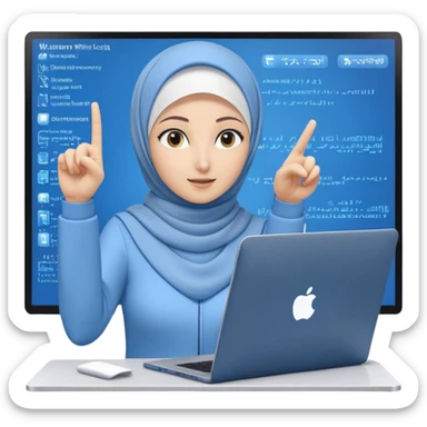 computer engineer with white hijab wearing blue outfit, pointing and gesturing at specific code elements and features on the large digital screen behind her, laptop in front of her, explaining particular parts of her metaverse creation in detail sticker