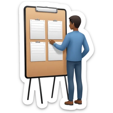 Minimalistic flat vector icon, iOS style, thin black contour on white background. Person silhouette with a project board (kanban/task board) behind. No text, no shadows.
 sticker