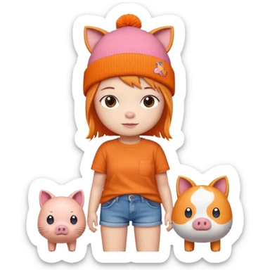 a colorful beanie, orange shirt with a cartoon pig and Japanese text, denim shorts, and accompanied by a small pixelated orange cat.  sticker
