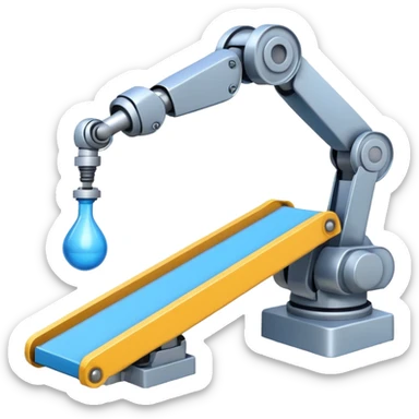 robot arm which is picking blue block on conveyor belt sticker