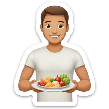 A plate with food items and a man smile behid sticker