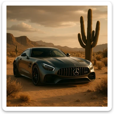 mercedes amg on desert next to cactus faun, cinematic sticker