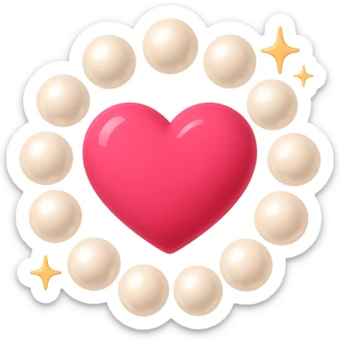 Create a pink heart surrounded by pearls in an emoji style. Add sparkles around the heart. The image should have no background. The style should resemble emoji style with bright colors and simple shapes. sticker