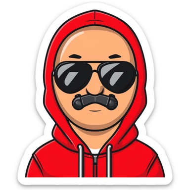 middle-aged man with minor hair growth on upper lip, black aviator sunglasses, red hoodie with hood covering head sticker