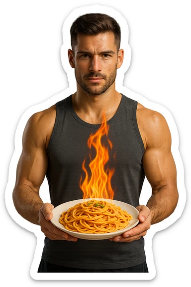 uomo fitness che tiene in mano un piatto di pasta con una fiamma sopra come se stesse simbolicamente bruciando le kcal della pasta, iperrealistico 4k sticker