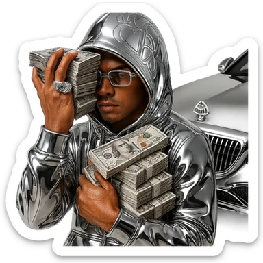 Create a chrome style icon version of the person in the reference image. Use a realistic light brown skin tone for the face and hands with natural facial features. The hoodie and clothing should be rendered in chrome style. Add Cartier glasses on the face. Replace the money with realistic, detailed US dollar bills. Place a Maybach car behind the person. The overall style should be bold and iconic, consistent with chrome style. sticker