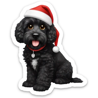 Black cockapoo called Theo, wearing a Santa hat sticker
