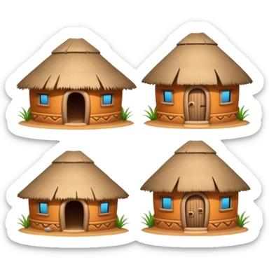 4 different African mud hut tribal houses, each unique, round adobe clay huts, thatched roofs, colorful tribal decorations, mobile game icon style, 3D cartoon, clean background, consistent lighting, consistent proportions sticker