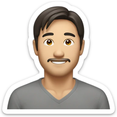 asian male early thirties short beard long brown hair happy expression sticker