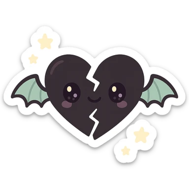 black gothic heart, shattered with very tiny gothic bat wings, ornate, dark, elegant, kawaii style sticker