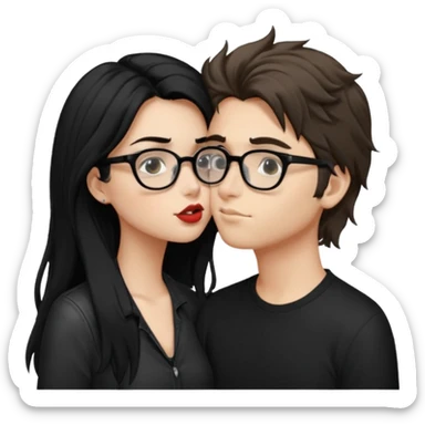 Un garçon avec les cheveux brin très clair ébouriffés, qui embrasse une fille avec les cheveux noir long et lisse , qui a des traits d’eye-liner et des lunettes noir avec un piercing au nez sticker