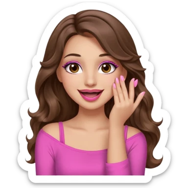 girl with long wavy brown hair, brown eyes, long lashes makeup, pink lips, light to medium complexion, pink sexy top, smiling, hand covering the mouth, giggling sticker