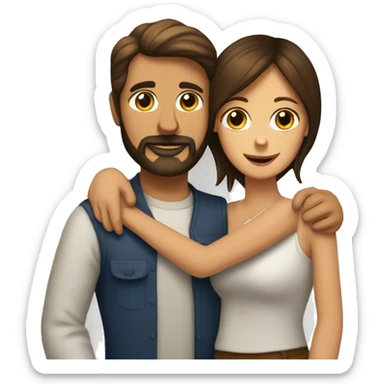 A brunette women and a brunette man with a beard hugging a beagle sticker