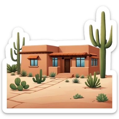 Tucson style house with adobe walls, flat roof, southwestern architecture, desert landscaping, cactus sticker