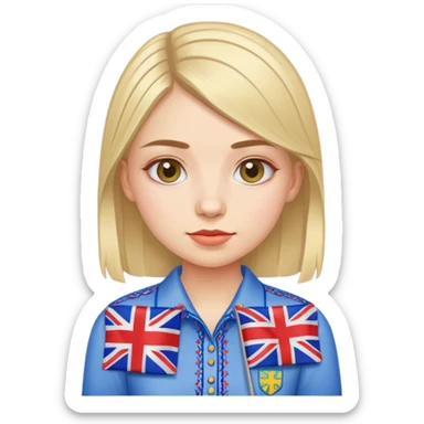 A Ukrainian girl wearing an embroidered shirt holds a British flag sticker