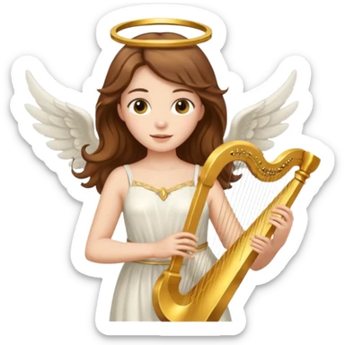 Female angel holding harp with flowing brown hair sticker