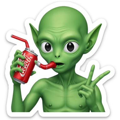 alien sipping from a red soda can sticker