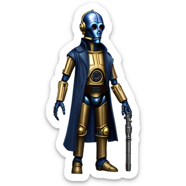 well-equipped jedi first order human-sized darkblue-pearl C3po as a friendly bounty hunter droid wearing a leather attire old west duster coat holding light saber ready to fight but relaxed. antiqued sticker