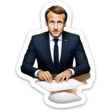 Emmanuel Macron in front of his desk, he has a little flour on his nose, there is a pile of white flour on the desk, and his taste buds are dilated sticker