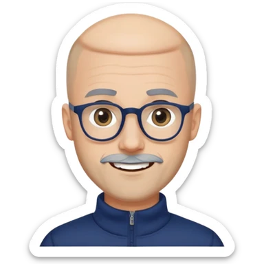 Caucasian man with skin fade haircut (bald on sides fading to short on top), short beard with gray streaks, large black eyeglasses, cheerful expression, navy blue long sleeve sweatshirt with quarter zip sticker