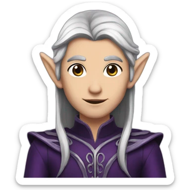 tall elf, long dark brown hair / eyebrows, wearing dark black & purple and silver outfit  sticker