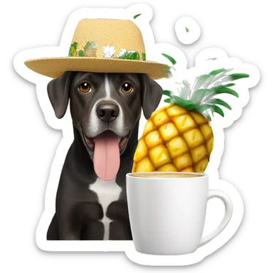 Dog wearing a hat with pineapples on it and a coffee cup  sticker