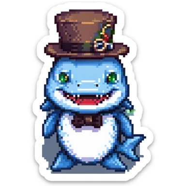 A pixel art style image of a shark wearing a top hat and a monocle. sticker