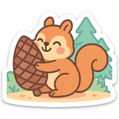 squirrel hugging a giant pine cone, forest kawaii illustration, pastel-toon style sticker