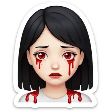 pale girl with black hair, blood tears, sad expression, emoji style sticker