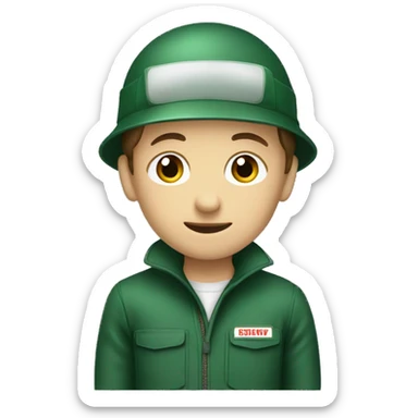 A BOY WEARING DARK GREEN COVERALL WITH BROWN SAFETY HELME sticker