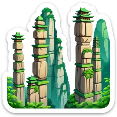 Zhangjiajie Avatar mountains, simplified emoji style with bold outlines and bright colors, cartoon style tall stone pillars with greenery sticker