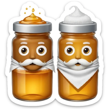 Garama and Madundung are together a gray container of salt and a honey container with a cloth on top. They each have eyes with white in the middle, a mouth, nose, and mustache both customary to their colors. They have hairy legs and emit an aura of salt (Garama), and honey (Madundung). sticker