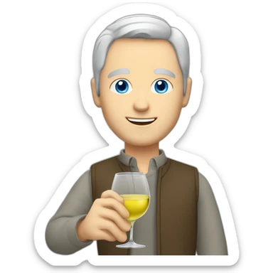 a caucasian man with blue eyes and short grey hair, toasting with a glass of white wine sticker