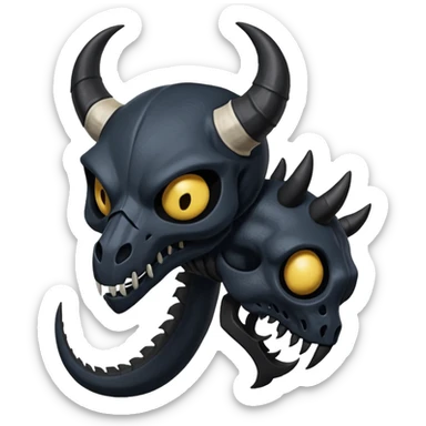 Shiny Dark Edgy  Duskull-Salandit-Inteleon-Amaura-Fakémon-hybrid-creature (full body) with a horned animal-skull-mask sticker