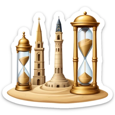 icon featuring ancient scrolls, quill pen with famous historical landmarks and monuments in the background. Large, antique sand clocks with sand pouring out represent the passage of time. Historical figures are depicted as statues. Transparent background. sticker