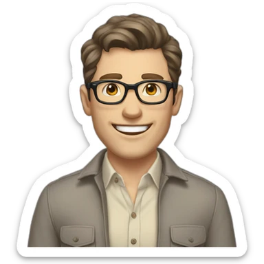 Joyful Pale skinned Fit Man With dark brown hair in gray jacket, beige office shirt, Brown pants and vintage glasses. His thrumbs up sticker