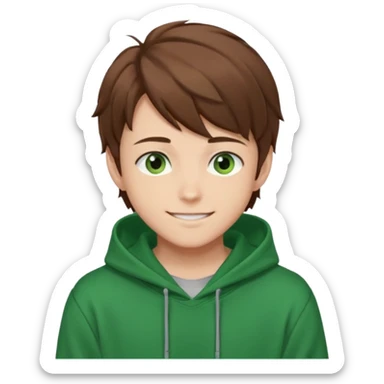 Anime teen boy with brown hair, green eyes, and a green hoodie, looking smiling slightly sideways positioned. 128px sticker