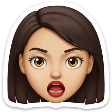 A Light skin girl with dark brown hair doing a mad face sticker