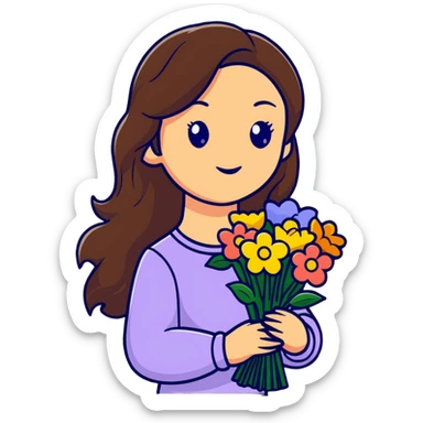 A cool girl with long brown hair and fair skin holding a bouquet of flowers sticker