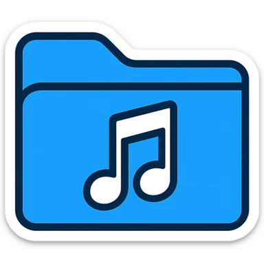 Create a music folder icon in the exact same style as the provided blue folder icon: bright blue color, thin black outline, minimal design, transparent background, no text, with a white music note on the folder. sticker