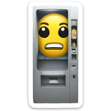 sci-fi concept vending machine, damaged, sentient, confused face sticker