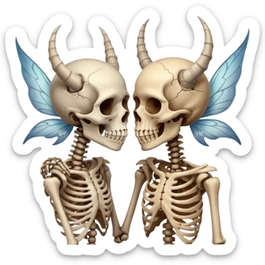 A skeleton woman with distressed fairy wings kissing a Skelton man with horns.  sticker