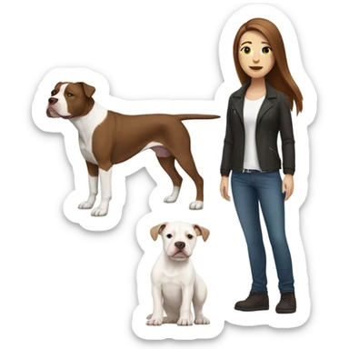 white woman with straight long brown hair standing alongside a white pitbull sticker