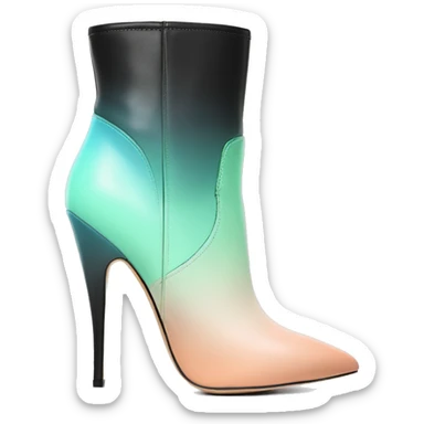 Real isolated top front view of a pair of black,peach,pastel green,pastel blue ombre Guess Jeans brand stiletto high heel ankle bootie boots sticker