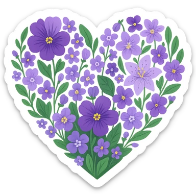 heart with a vibrant violet garden, clean digital illustration, no background sticker