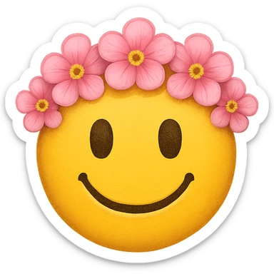 yellow face with pink flower crown emoji, digital illustration sticker