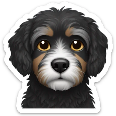 Black scruffy dog with white chin sticker