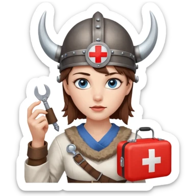 A young woman with beautiful blue eyes, short brown hair shaved on the sides, giving her a Viking look and a horned helmet. She holds a medical kit with a red cross icon in her hand. A stereoscope hangs around her neck. sticker
